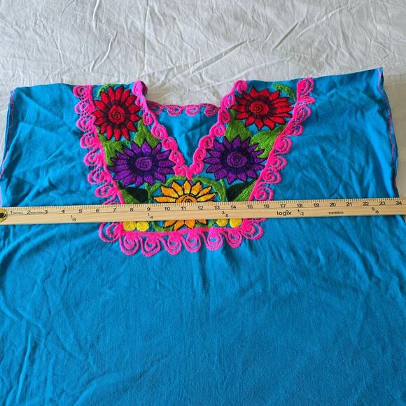 Maya Mexican Dress Embroidered Flowers Chiapas Puebla Bright Aqua Blue Large - Picture 6 of 8